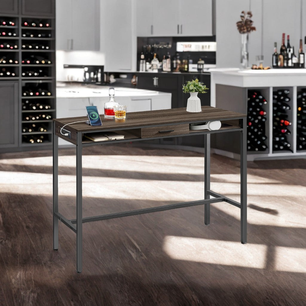 47.2" Multi-Function Power Bar Table with USB Charging Station, Modular Storage Drawer & Adjustable Feet, Kitchen/Office Use, Ash Brown