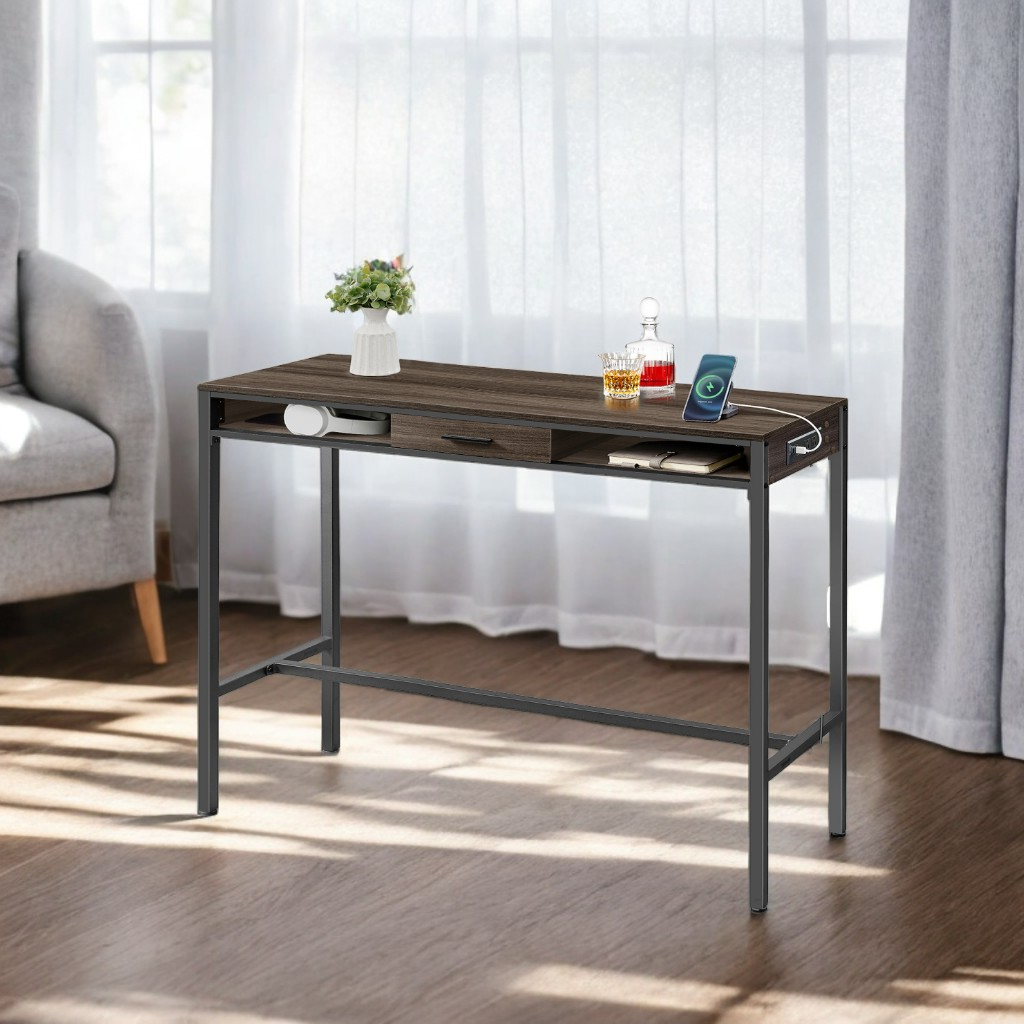 47.2" Multi-Function Power Bar Table with USB Charging Station, Modular Storage Drawer & Adjustable Feet, Kitchen/Office Use, Ash Brown