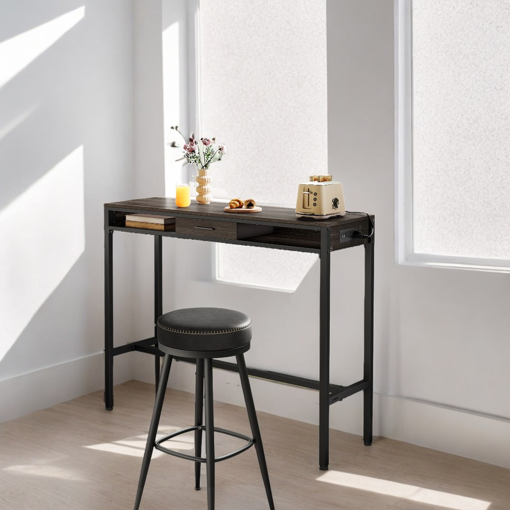 47.2" Multi-Function Power Bar Table with USB Charging Station, Modular Storage Drawer & Adjustable Feet, Kitchen/Office Use, Ash Brown