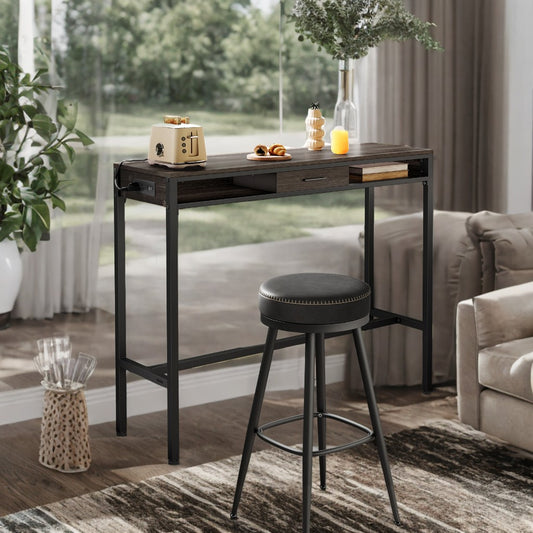 47.2" Multi-Function Power Bar Table with USB Charging Station, Modular Storage Drawer & Adjustable Feet, Kitchen/Office Use, Ash Brown