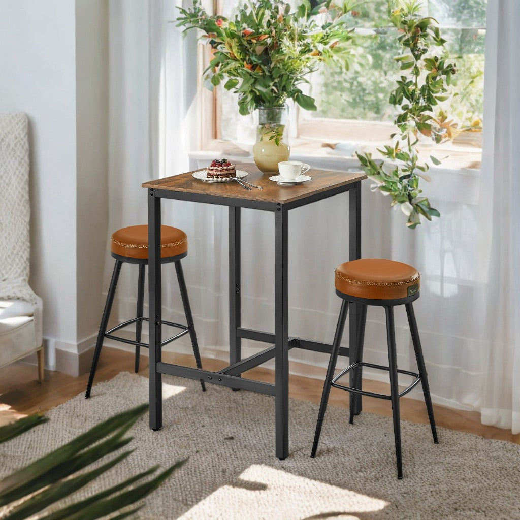 Industrial Rustic Bar Table - 23.6" Square High-Top with Metal Frame & Footrest, Space-Saving Design for Kitchen, Dining, Rustic Brown and Black