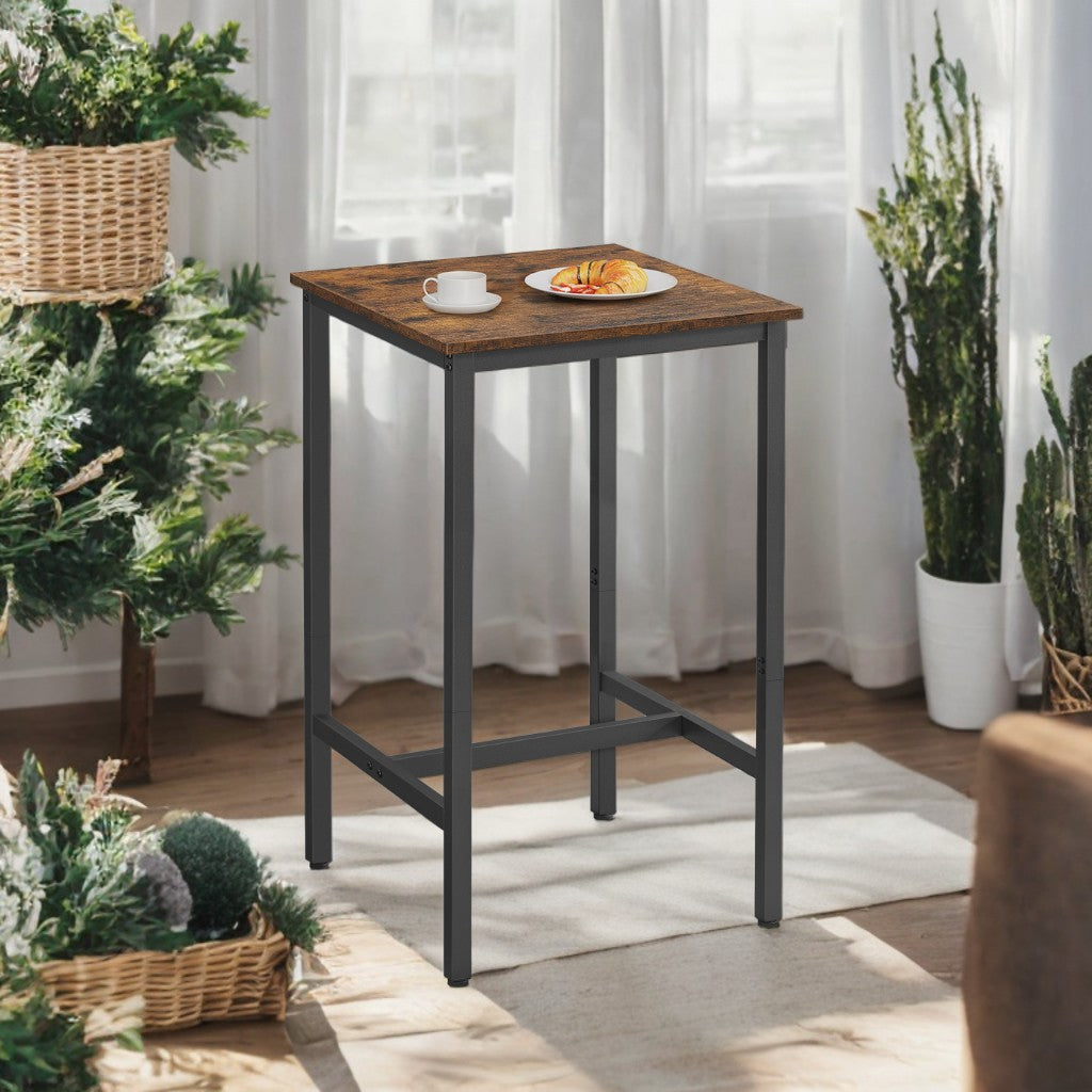 Industrial Rustic Bar Table - 23.6" Square High-Top with Metal Frame & Footrest, Space-Saving Design for Kitchen, Dining, Rustic Brown and Black
