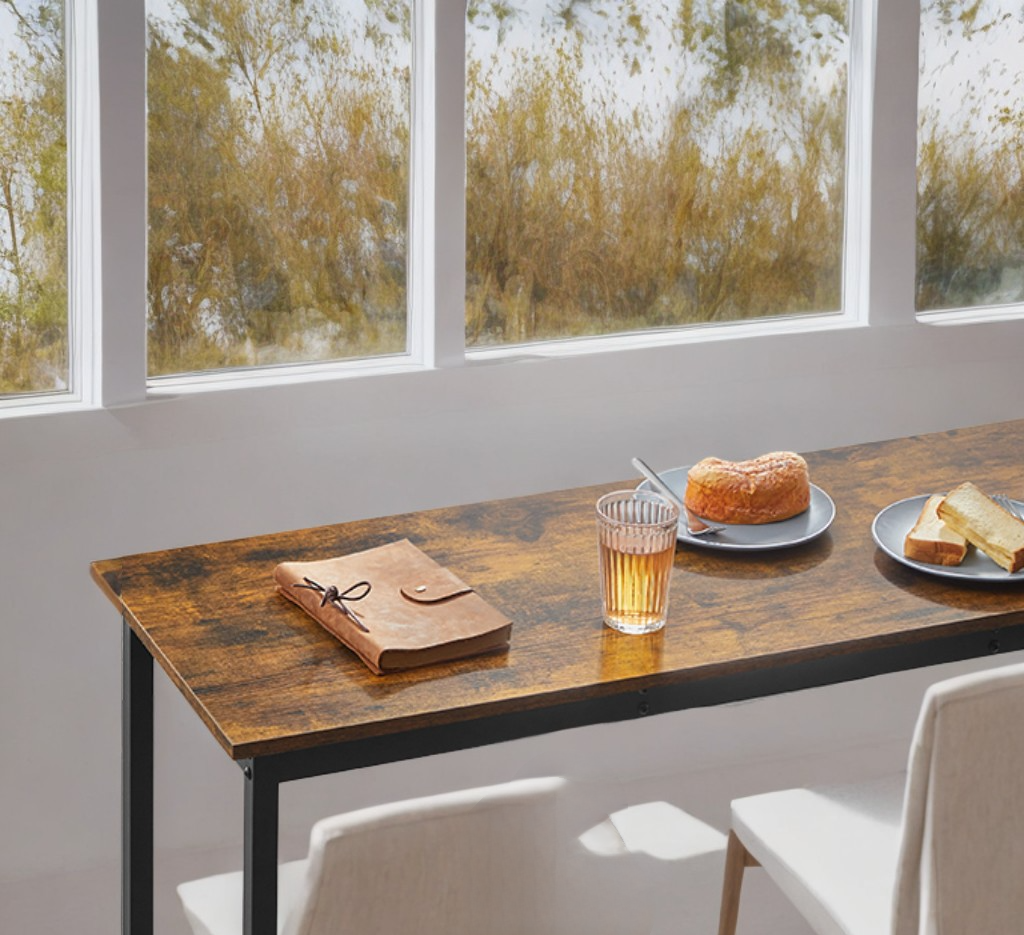 Industrial Narrow Bar Table - 55.1" Long Kitchen Dining Table with Metal Frame & Adjustable Feet, Space-Saving Design, Rustic Brown and Black