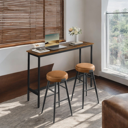 Industrial Narrow Bar Table - 55.1" Long Kitchen Dining Table with Metal Frame & Adjustable Feet, Space-Saving Design, Rustic Brown and Black