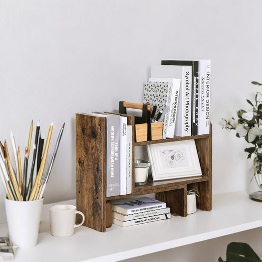 Modular Desktop Organizer Set, 3-Piece Wooden Shelf System for Office/Kitchen, Adjustable Storage for Books, Supplies & Decor , Easy Assembly, Rustic Brown