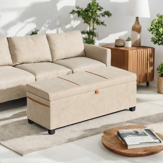 Storage Ottoman Bench with Chenille Surface, 27-Gallon Capacity, Detachable Divider & Removable Baskets, 660 lb Weight Capacity, for Bedroom/Living Room/Entryway, Cappuccino Beige