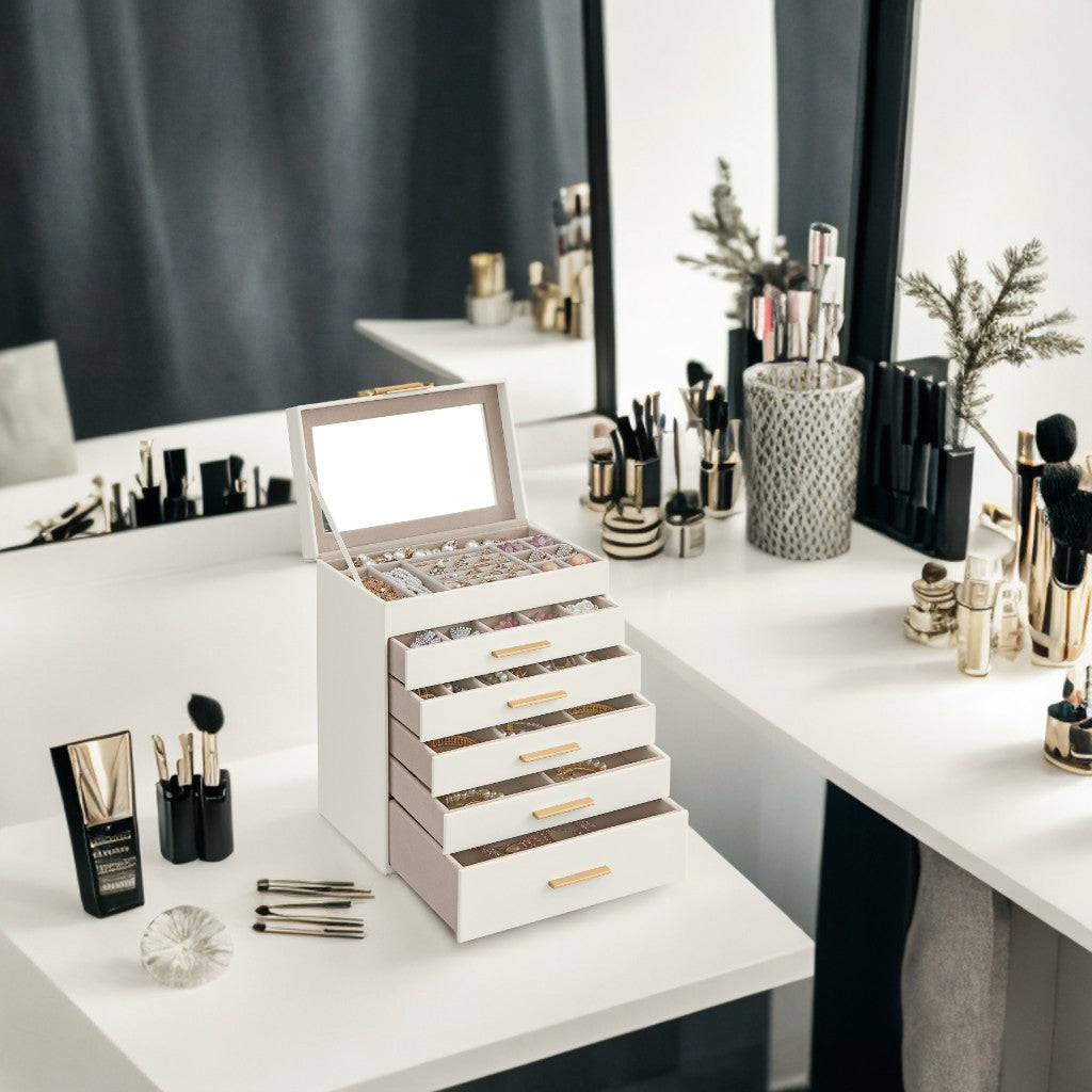 6-Layer Jewelry Organizer with Glass Lid & 5 Drawers, Modern Velvet-Lined Storage Box for Dresser/Vanity, Cloud White and Gold Color