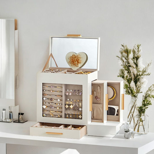 5-Tier Jewelry Organizer with Glass Display & 3 Modular Drawers, Hanging Storage System with Full Mirror, Cloud White and Metallic Gold