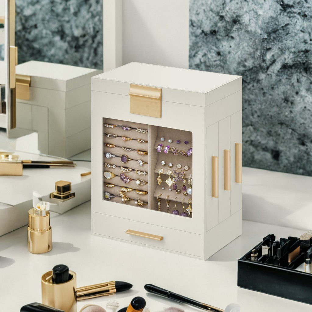 5-Tier Jewelry Organizer with Glass Display & 3 Modular Drawers, Hanging Storage System with Full Mirror, Cloud White and Metallic Gold