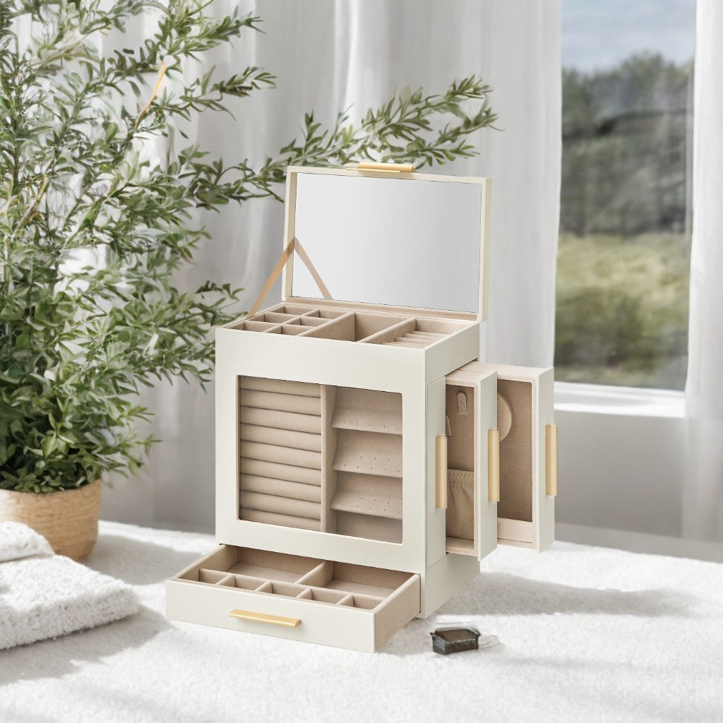 5-Tier Jewelry Organizer with Glass Display & 3 Modular Drawers, Hanging Storage System with Full Mirror, Cloud White and Metallic Gold