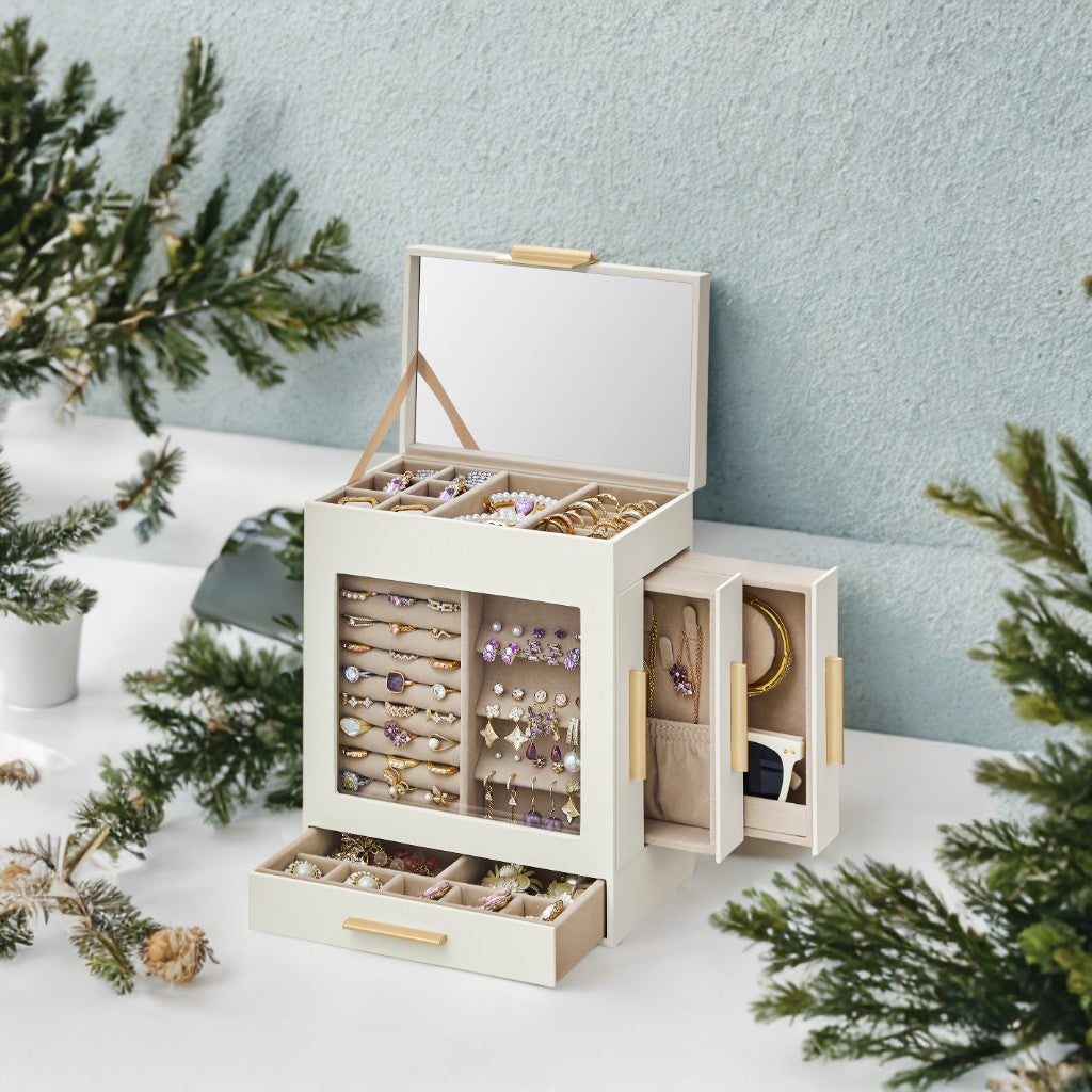 5-Tier Jewelry Organizer with Glass Display & 3 Modular Drawers, Hanging Storage System with Full Mirror, Cloud White and Metallic Gold