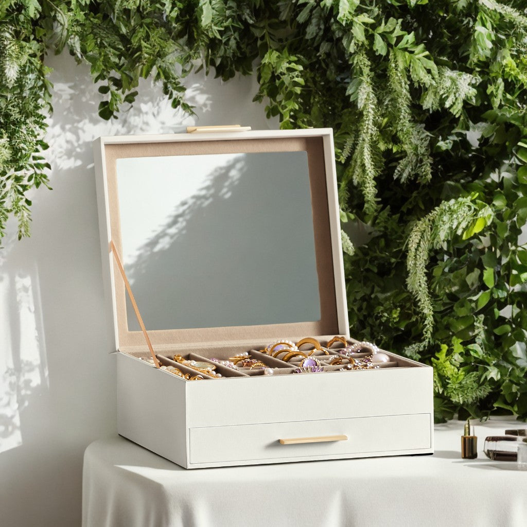2-Tier Jewelry Organizer with Glass Lid & Drawer, Velvet-Lined Storage Box for Vanity/Dresser, Cloud White and Gold Color