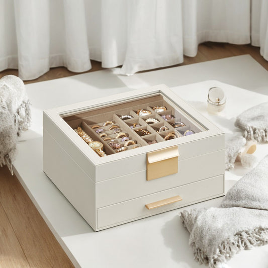 2-Tier Jewelry Organizer with Glass Lid & Drawer, Velvet-Lined Storage Box for Vanity/Dresser, Cloud White and Gold Color