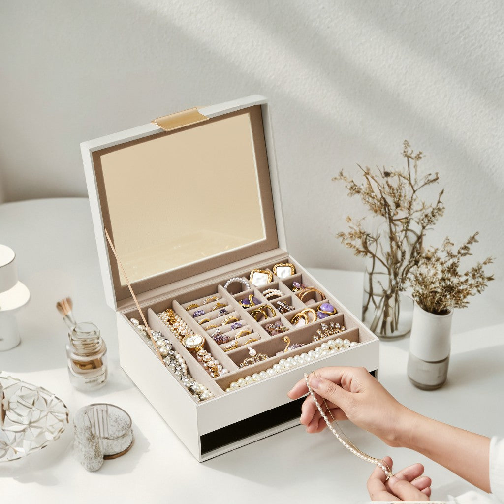 2-Tier Jewelry Organizer with Glass Lid & Drawer, Velvet-Lined Storage Box for Vanity/Dresser, Cloud White and Gold Color