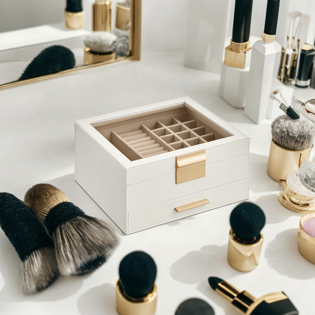 2-Tier Jewelry Organizer with Glass Lid & Drawer, Velvet-Lined Storage Box for Vanity/Dresser, Cloud White and Gold Color
