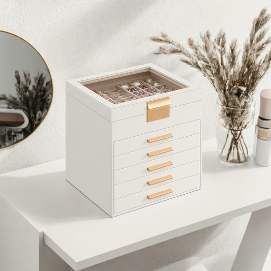 6-Tier Jewelry Organizer with Glass Lid & 5 Drawers, Velvet-Lined Storage for Vanity/Dresser, Cloud White and Gold Color