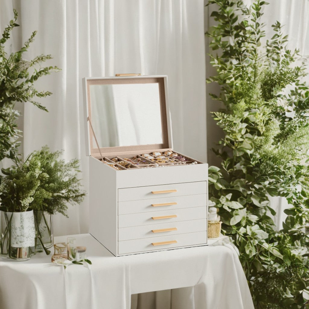6-Tier Jewelry Organizer with Glass Lid & 5 Drawers, Velvet-Lined Storage for Vanity/Dresser, Cloud White and Gold Color