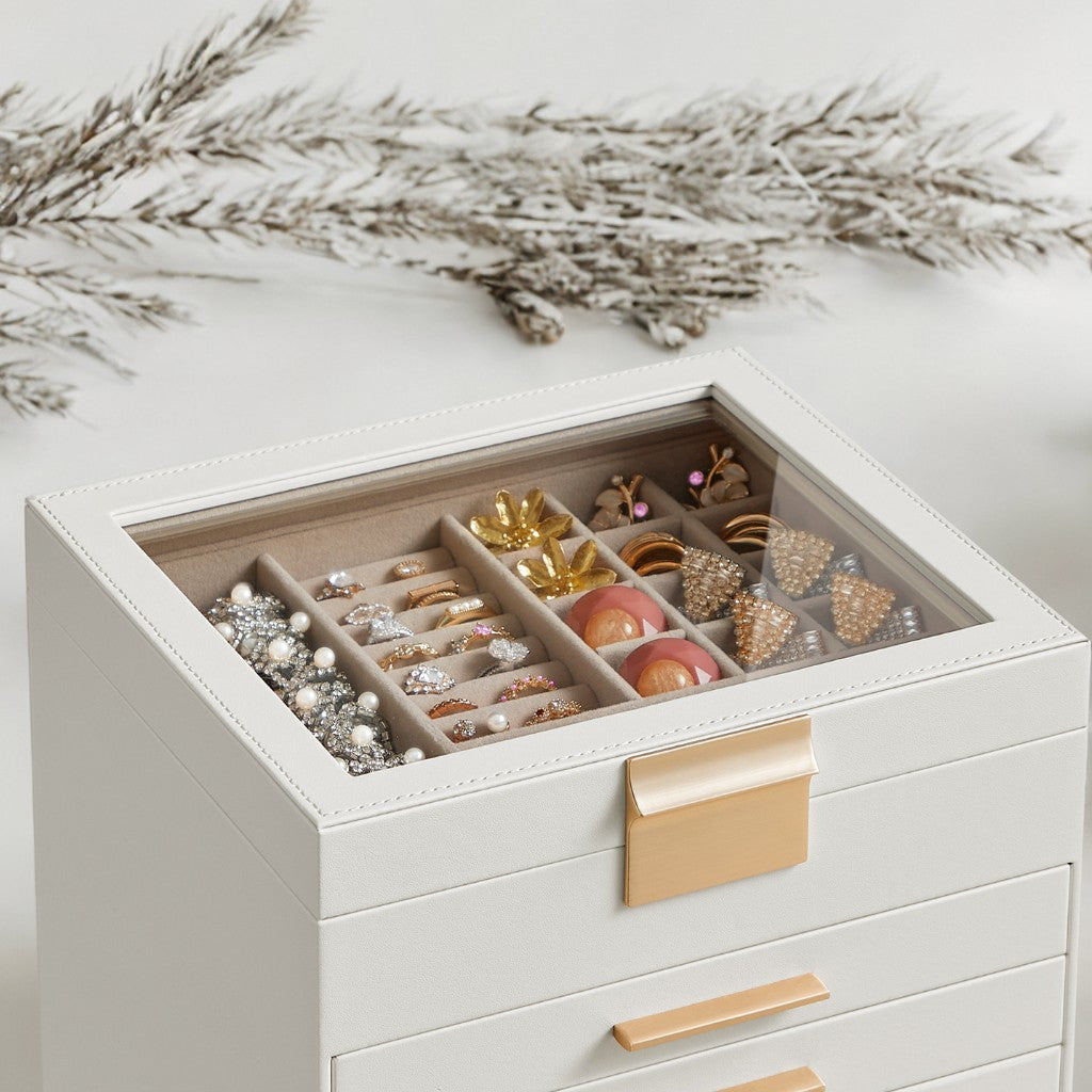 6-Tier Jewelry Organizer with Glass Lid & 5 Drawers, Velvet-Lined Storage for Vanity/Dresser, Cloud White and Gold Color