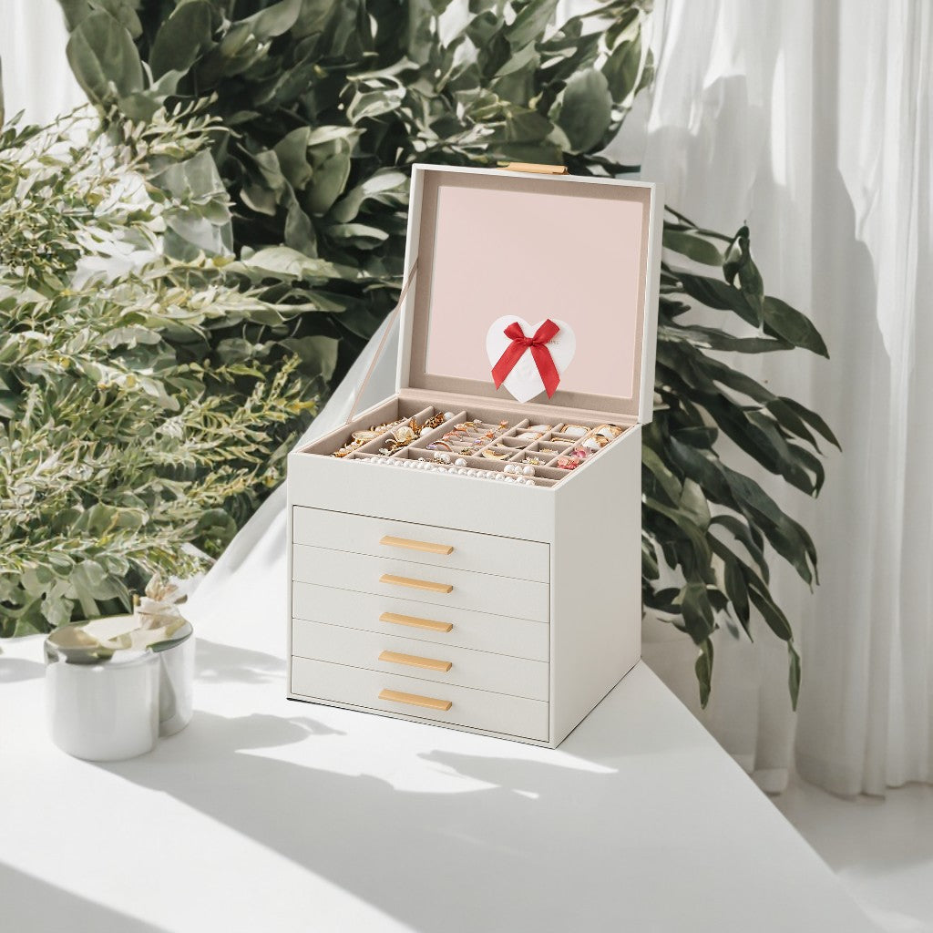 6-Tier Jewelry Organizer with Glass Lid & 5 Drawers, Velvet-Lined Storage for Vanity/Dresser, Cloud White and Gold Color