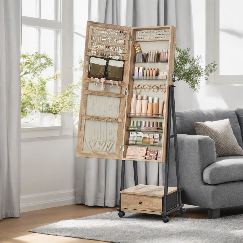 Floor Standing Jewelry Armoire with Full-Length Mirror, Lockable Storage Cabinet with Wheels, 92 Earring/36 Ring Slots, Toasted Oak Color and Black