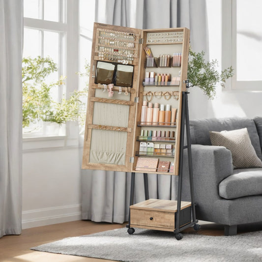 Floor Standing Jewelry Armoire with Full-Length Mirror, Lockable Storage Cabinet with Wheels, 92 Earring/36 Ring Slots, Toasted Oak Color and Black