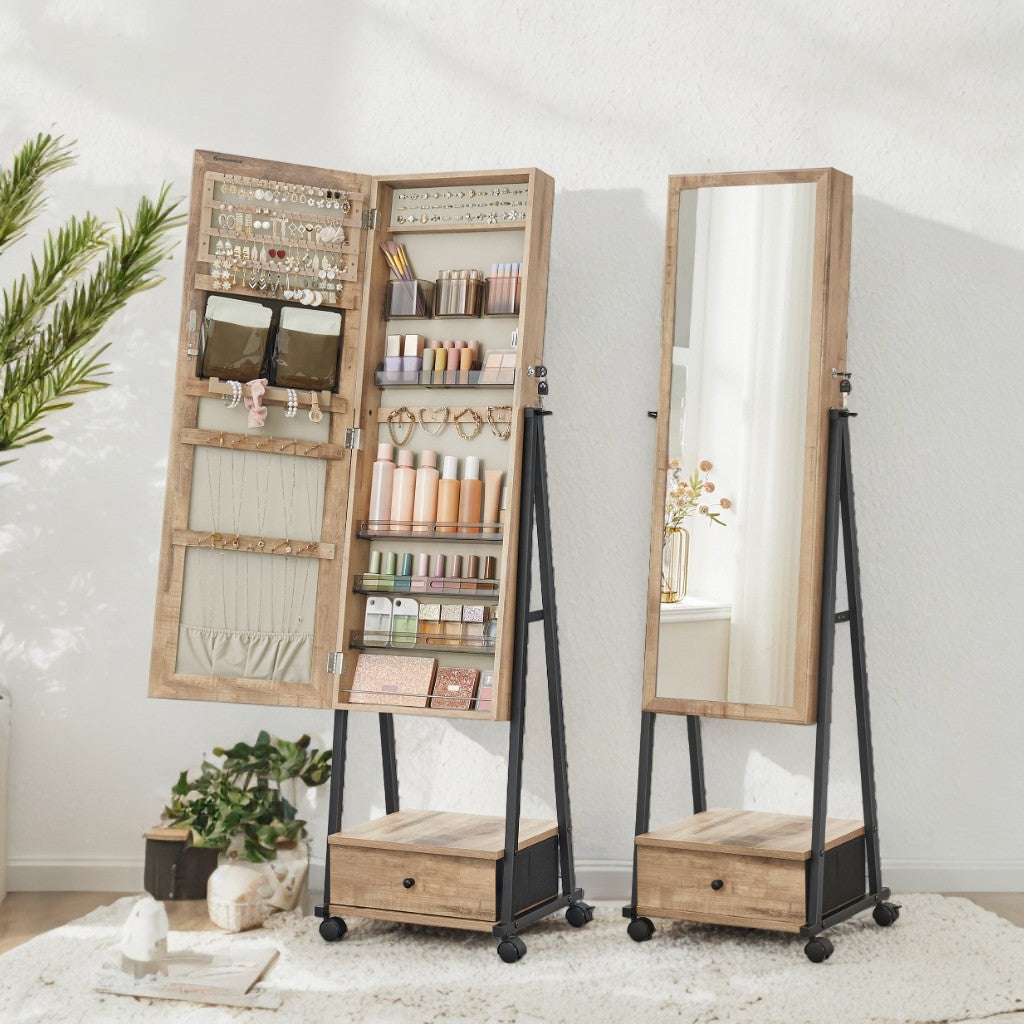 Floor Standing Jewelry Armoire with Full-Length Mirror, Lockable Storage Cabinet with Wheels, 92 Earring/36 Ring Slots, Toasted Oak Color and Black