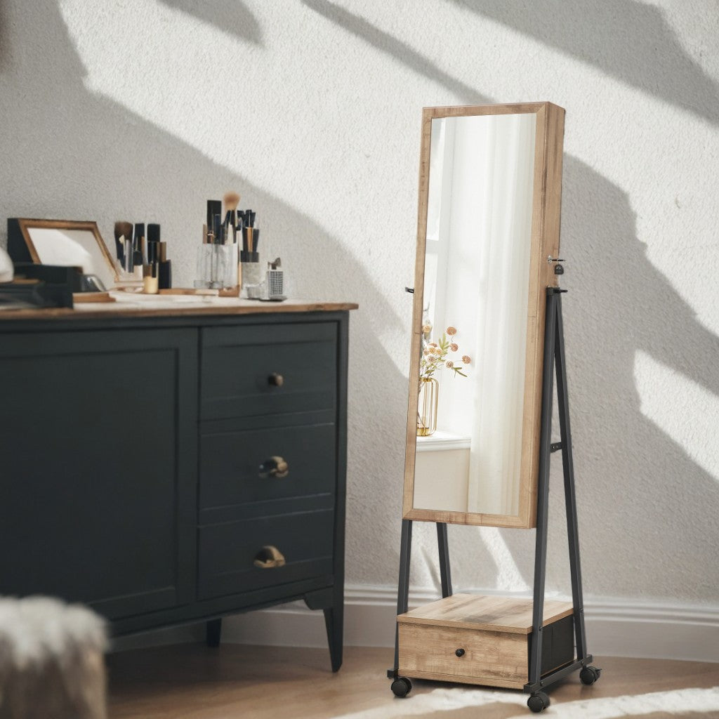 Floor Standing Jewelry Armoire with Full-Length Mirror, Lockable Storage Cabinet with Wheels, 92 Earring/36 Ring Slots, Toasted Oak Color and Black