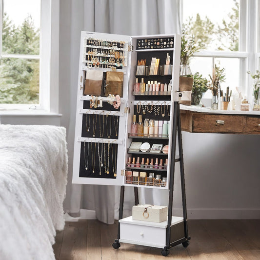 Full-Length Mirror Jewelry Armoire with Lockable Storage, 92 Earring/36 Ring Slots, Rolling Wheels, Distressed White and Black