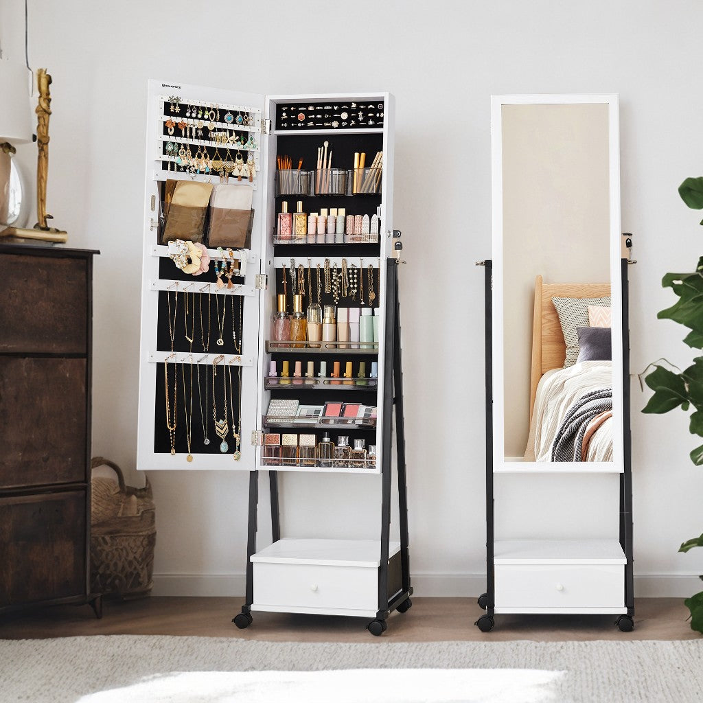 Full-Length Mirror Jewelry Armoire with Lockable Storage, 92 Earring/36 Ring Slots, Rolling Wheels, Distressed White and Black