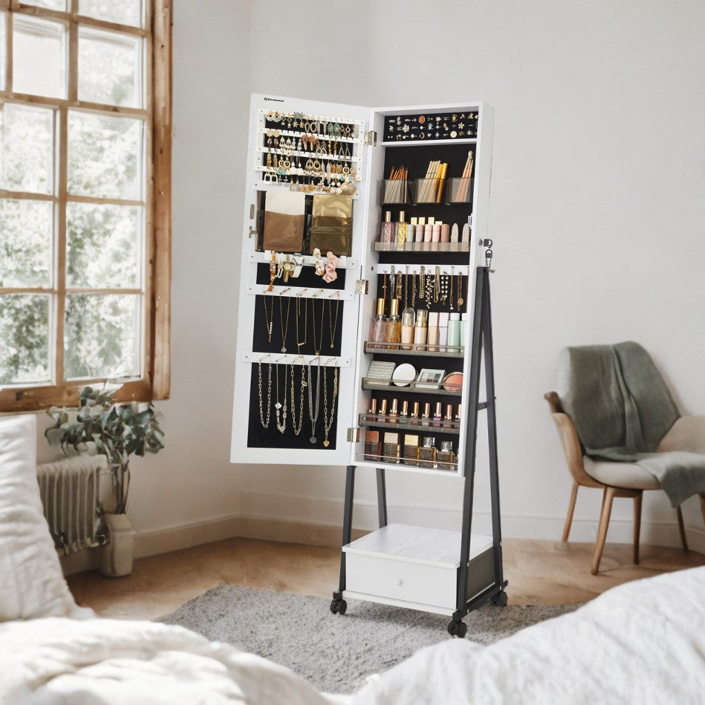Full-Length Mirror Jewelry Armoire with Lockable Storage, 92 Earring/36 Ring Slots, Rolling Wheels, Distressed White and Black