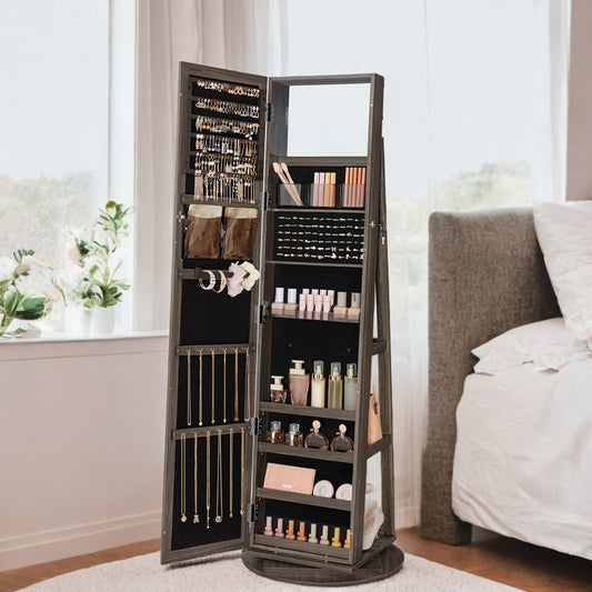 360° Swivel Jewelry Armoire with Full-Length Mirror, Lockable Storage for 120 Earrings/78 Rings, Jewelry Cabinet with Shelves, Ash Brown