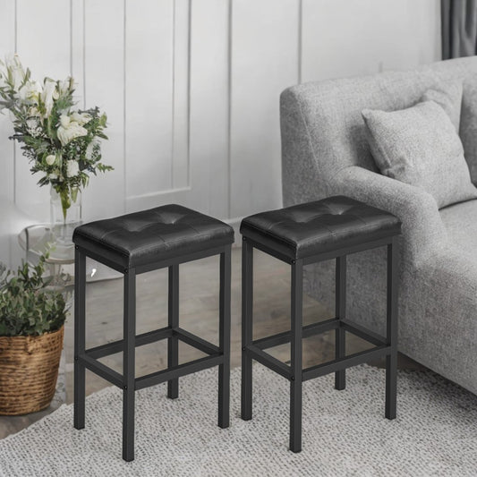Industrial Bar Stools Set of 2, PU Upholstered Backless Counter Stools with Footrest, 24.4" Height for Kitchen & Home Bar, Black