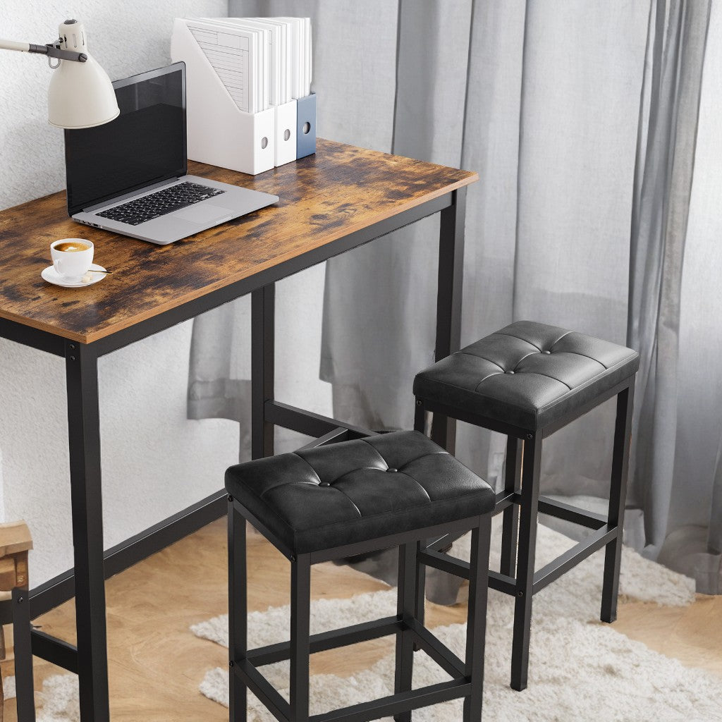 Industrial Bar Stools Set of 2, PU Upholstered Backless Counter Stools with Footrest, 24.4" Height for Kitchen & Home Bar, Black