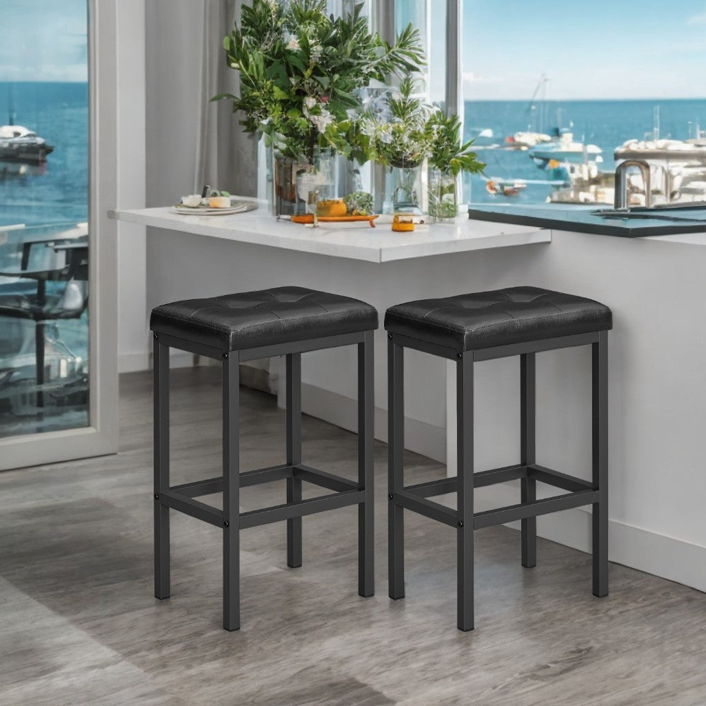 Industrial Bar Stools Set of 2, PU Upholstered Backless Counter Stools with Footrest, 24.4" Height for Kitchen & Home Bar, Black