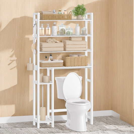 4-Tier Over-The-Toilet Storage Organizer with Adjustable Shelves & Hooks, Bamboo Bathroom Shelving Unit, Space-Saving Design, Cloud White