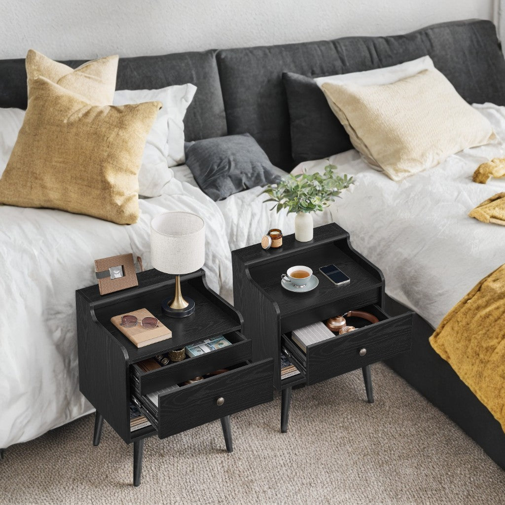 Mid-Century Nightstand Set of 2 with Hidden Drawers, Bedside Tables with Solid Wood Legs, 15.7x19.7x27.4 Inches, Ebony Black