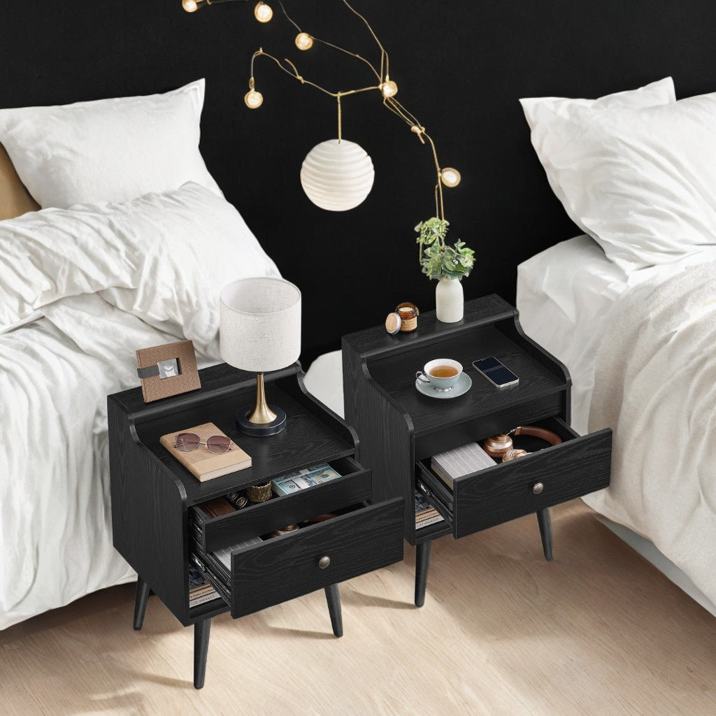 Mid-Century Nightstand Set of 2 with Hidden Drawers, Bedside Tables with Solid Wood Legs, 15.7x19.7x27.4 Inches, Ebony Black
