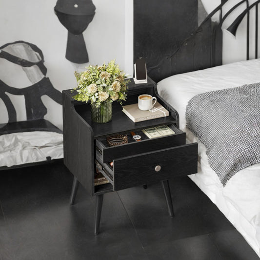 Mid-Century Nightstand Set of 2 with Hidden Drawers, Bedside Tables with Solid Wood Legs, 15.7x19.7x27.4 Inches, Ebony Black