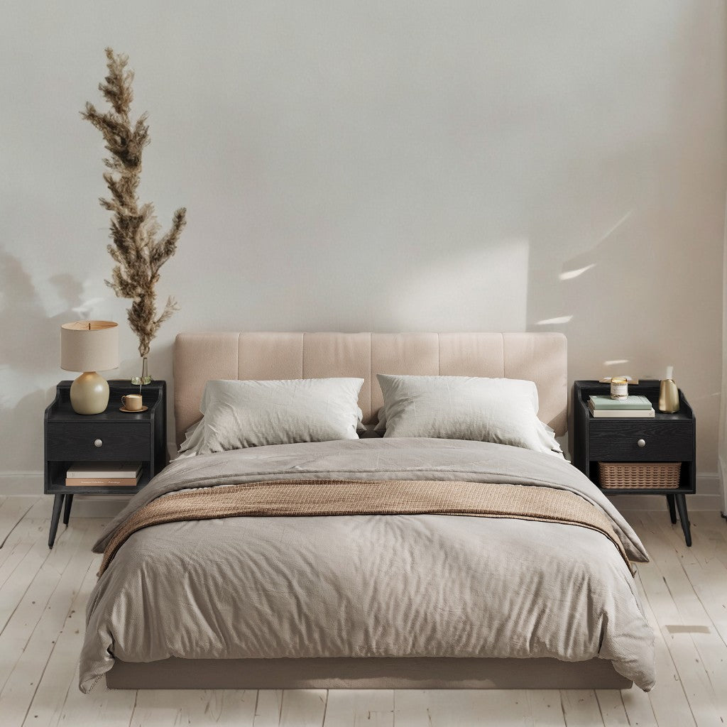 Mid-Century Nightstand Set of 2 with Hidden Drawers, Bedside Tables with Solid Wood Legs, 15.7x19.7x27.4 Inches, Ebony Black