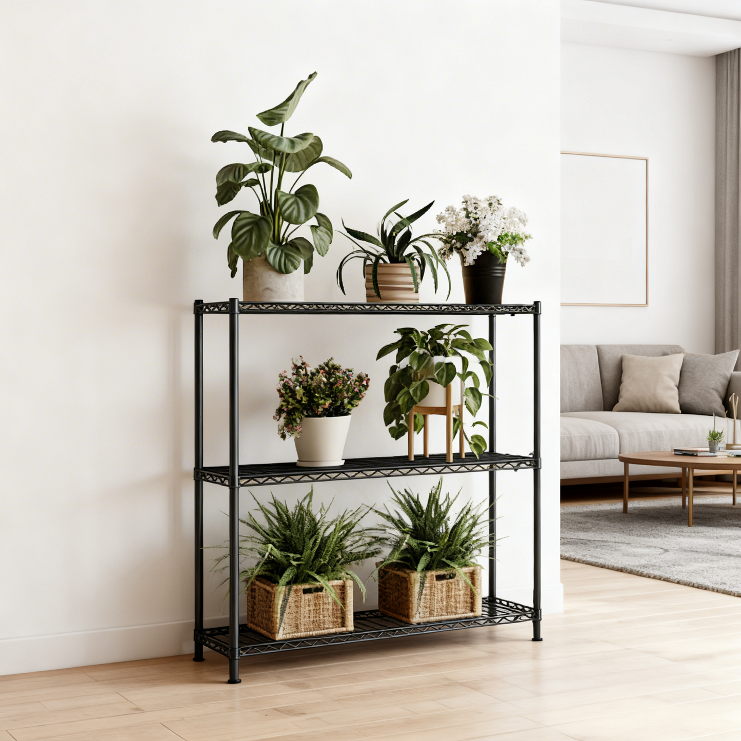 3-Tier Metal Wire Shelving Unit, Adjustable Storage Shelf with Steel Frame, for Garage, Kitchen, Pantry, 35.4 x 35.4 x 11.8 Inches, Ink Black