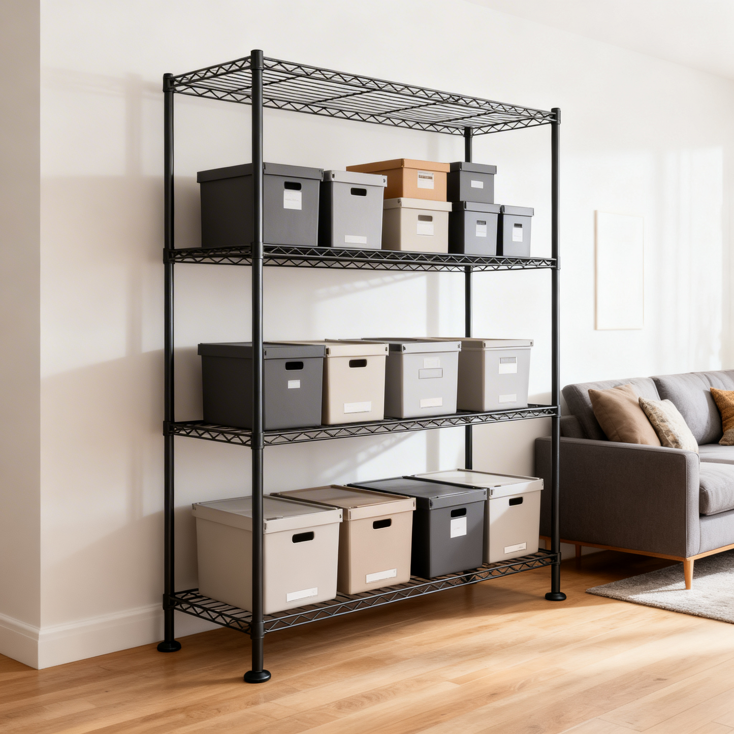 3-Tier Metal Wire Shelving Unit, Adjustable Storage Shelf with Steel Frame, for Garage, Kitchen, Pantry, 35.4 x 35.4 x 11.8 Inches, Ink Black