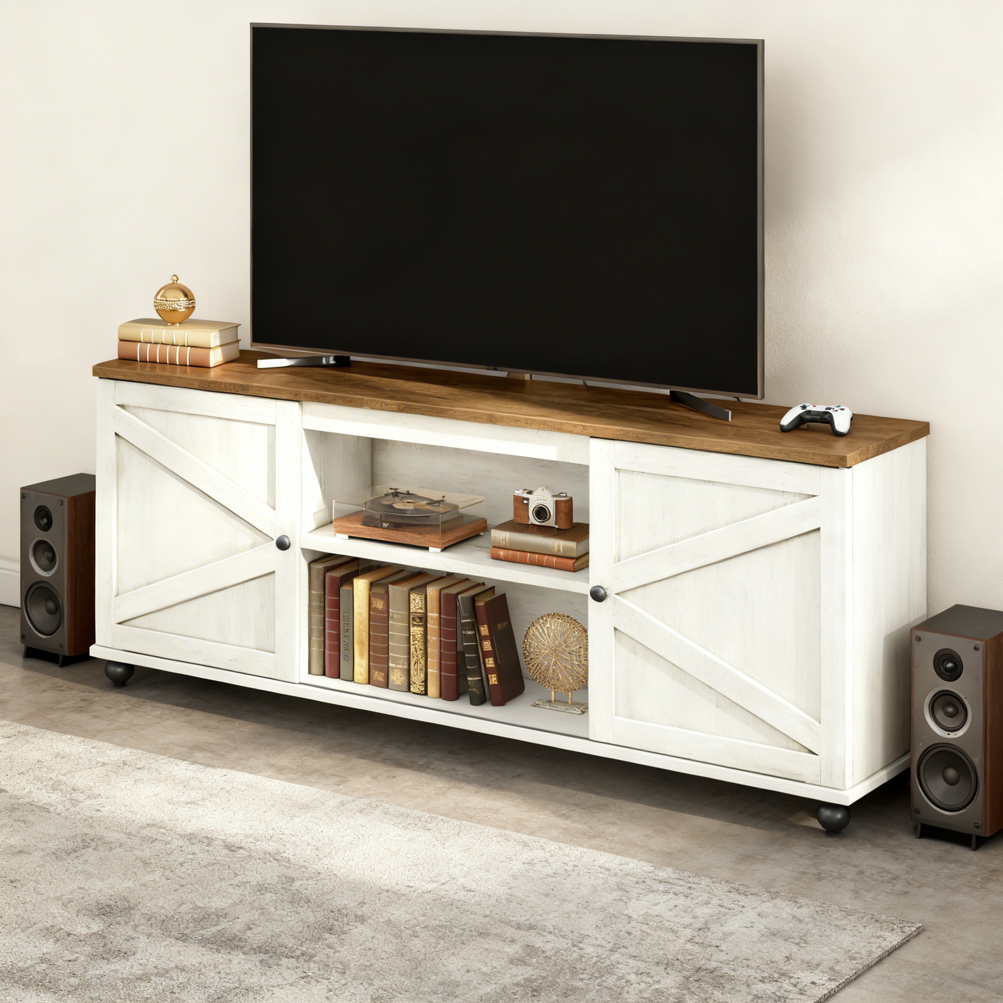 Farmhouse TV Stand for 80-Inch TVs, Entertainment Center with Sliding Barn Doors and 4 Storage Compartments, Rustic White and Brown