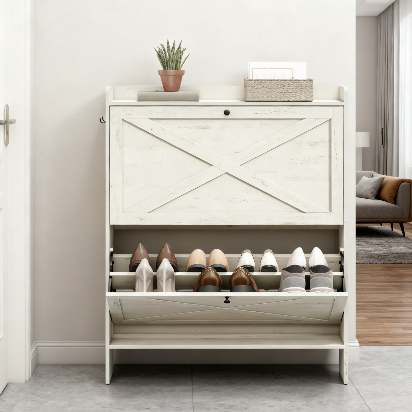 Farmhouse Shoe Storage Cabinet with 2 Flip Drawers, Freestanding Narrow Shoe Rack for Entryway, Fits 14-16 Pairs, Rustic White