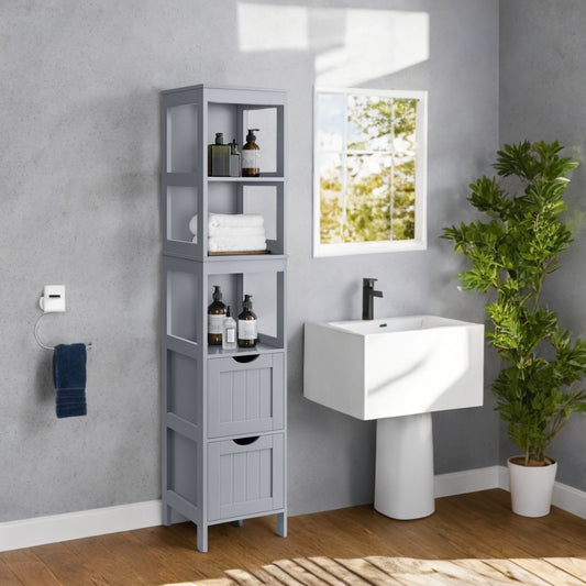 Corner Bathroom Cabinet with 2 Drawers & 3 Shelves, Freestanding Storage Organizer 55.7" Tall, Space-Saving Design, Dove Grey