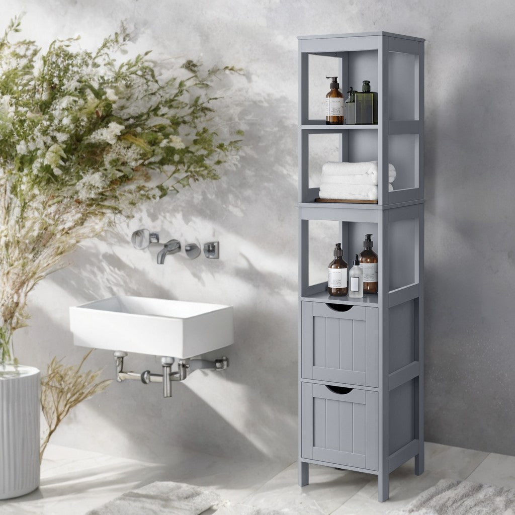 Corner Bathroom Cabinet with 2 Drawers & 3 Shelves, Freestanding Storage Organizer 55.7" Tall, Space-Saving Design, Dove Grey