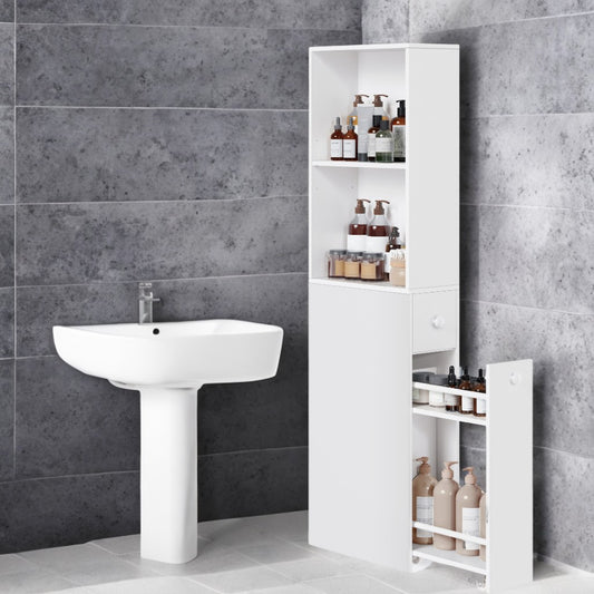 Narrow Bathroom Storage Cabinet with Adjustable Shelf & Drawers, Freestanding Slim Organizer for Small Spaces, Modern Style, White