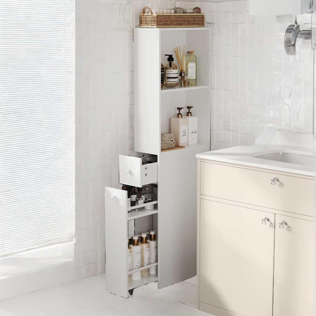 Narrow Bathroom Storage Cabinet with Adjustable Shelf & Drawers, Freestanding Slim Organizer for Small Spaces, Modern Style, White