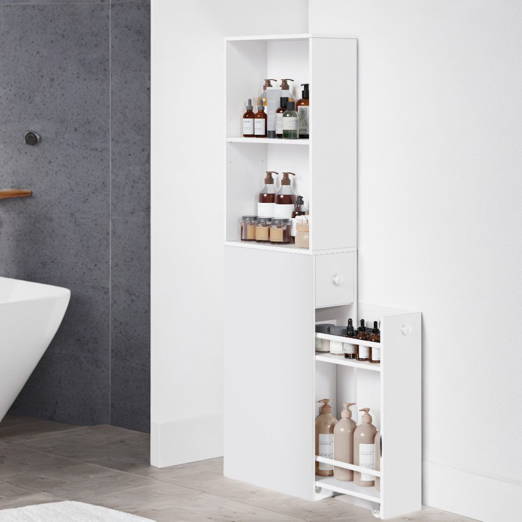 Narrow Bathroom Storage Cabinet with Adjustable Shelf & Drawers, Freestanding Slim Organizer for Small Spaces, Modern Style, White