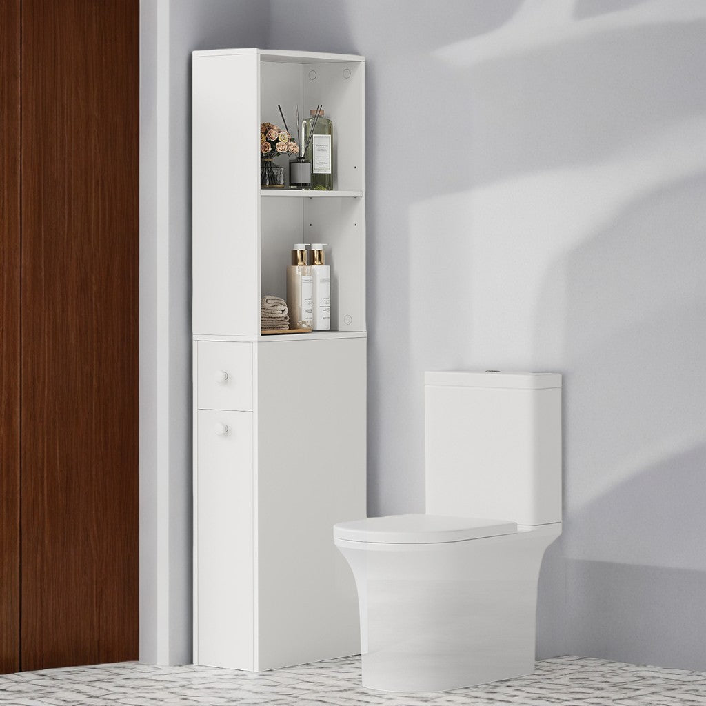 Narrow Bathroom Storage Cabinet with Adjustable Shelf & Drawers, Freestanding Slim Organizer for Small Spaces, Modern Style, White