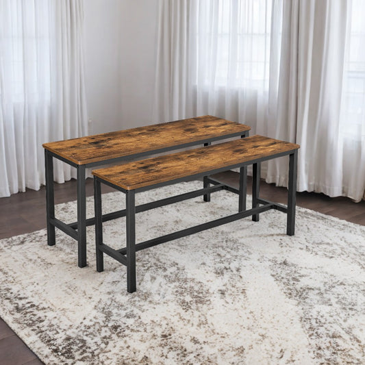 Industrial Dining Bench Set of 2, Steel Frame with Wood Top, Space-Saving Kitchen & Living Room Seating, Rustic Brown and Black